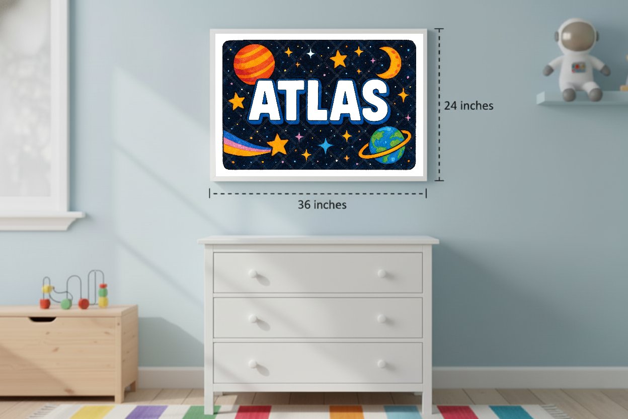 Personalized space nursery art for kids – Atlas name print