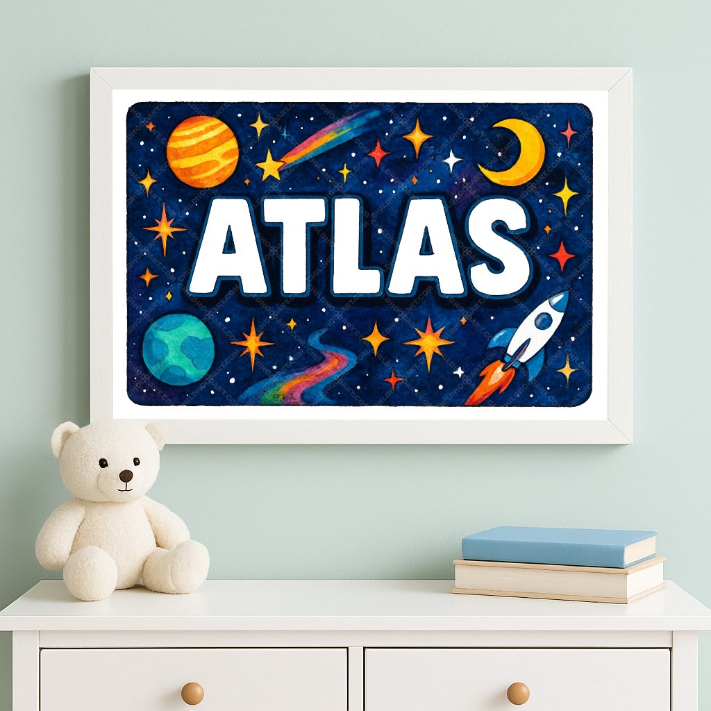 Personalized space nursery art for kids – Atlas name print