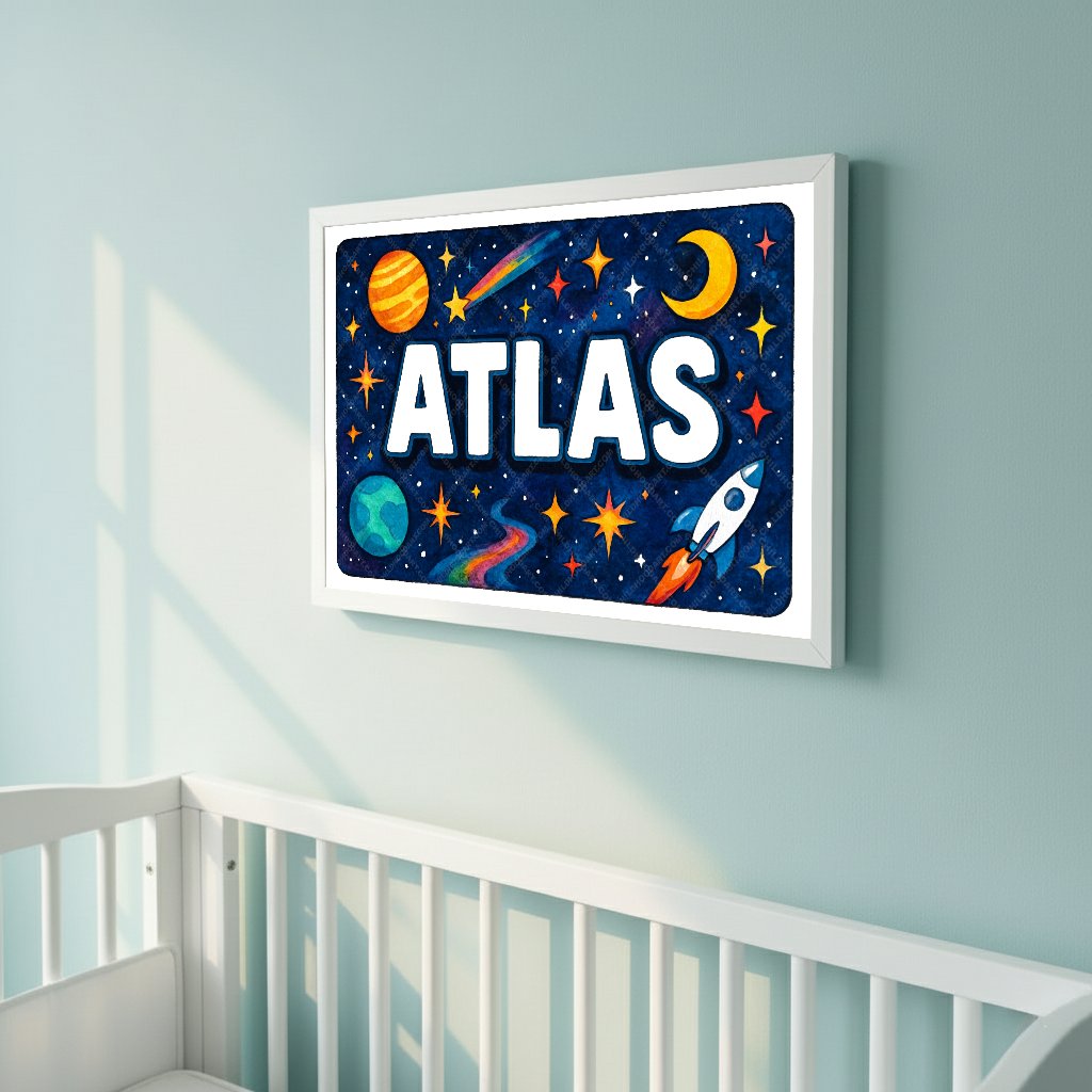 Personalized space nursery art for kids – Atlas name print