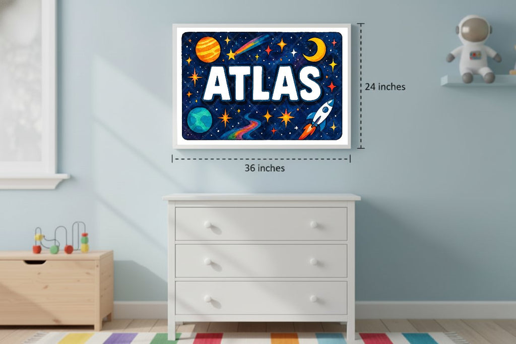 Personalized space nursery art for kids – Atlas name print