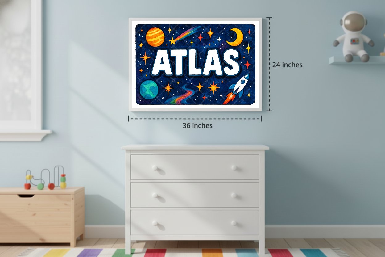 Personalized space nursery art for kids – Atlas name print