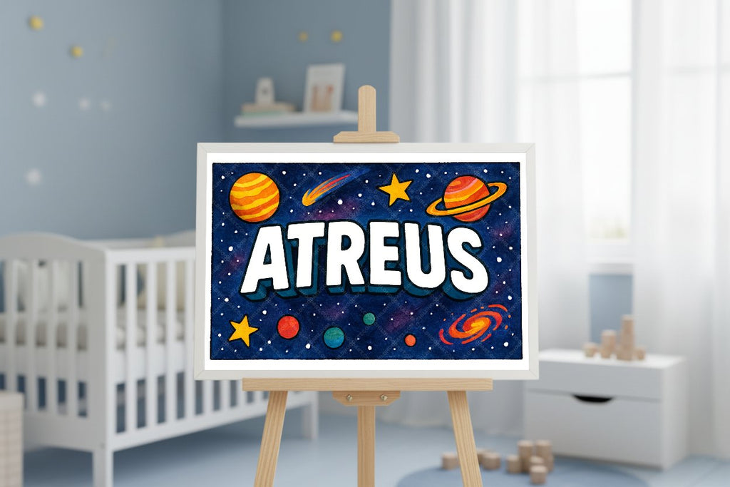 Personalized space nursery art for kids – Atreus name print
