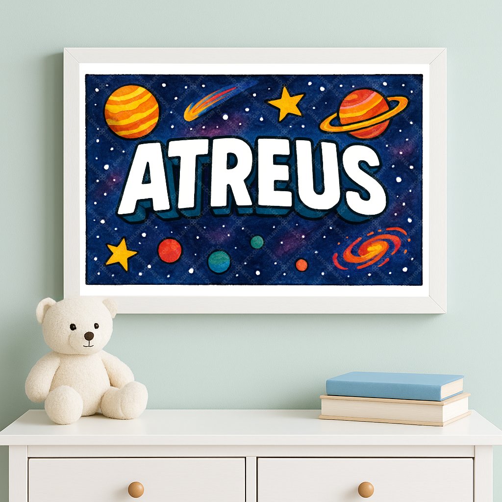 Personalized space nursery art for kids – Atreus name print