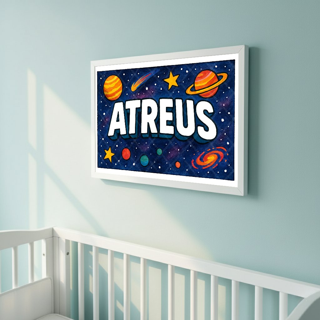 Personalized space nursery art for kids – Atreus name print