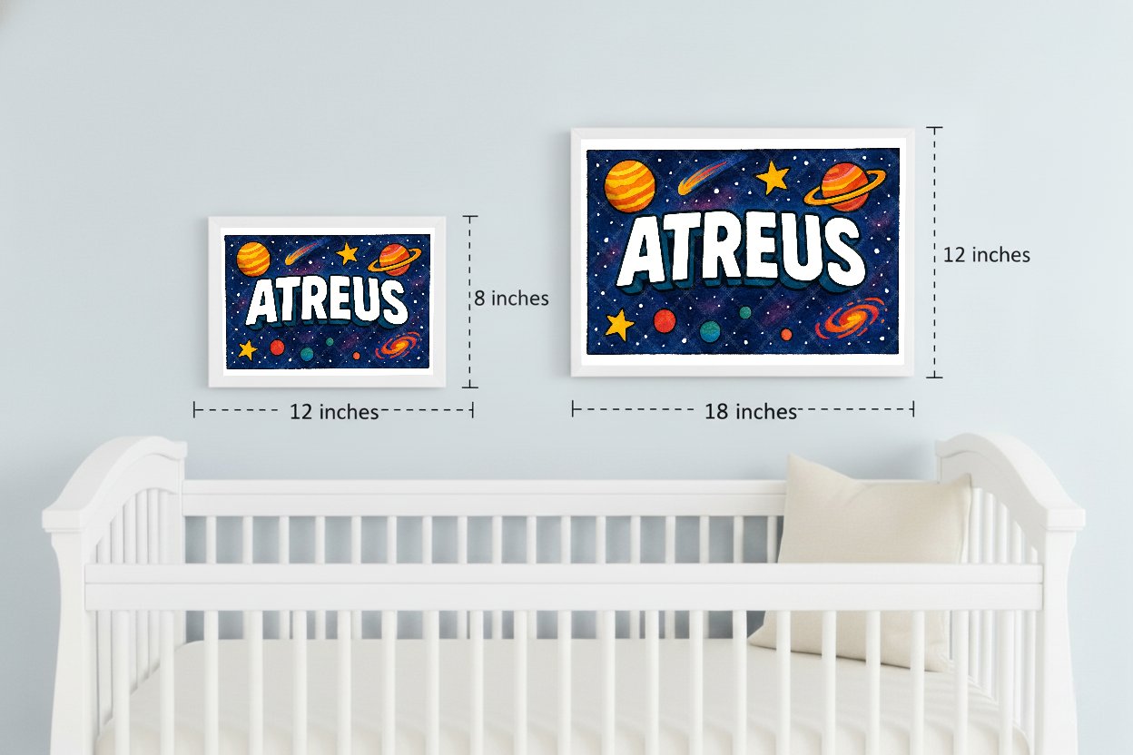 Personalized space nursery art for kids – Atreus name print