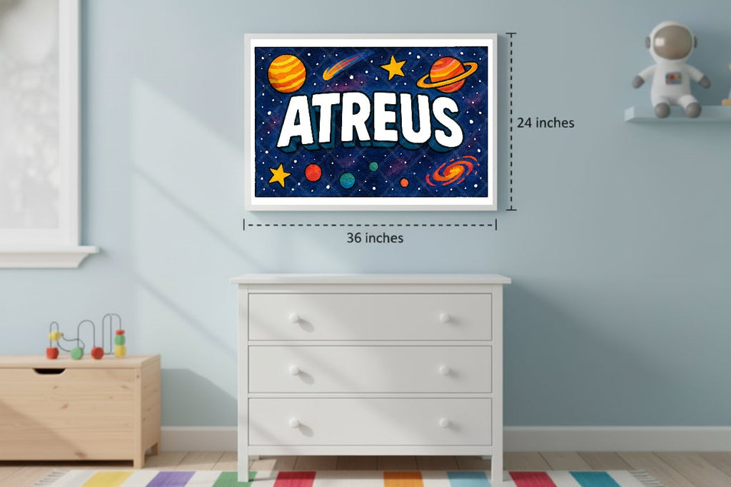 Personalized space nursery art for kids – Atreus name print