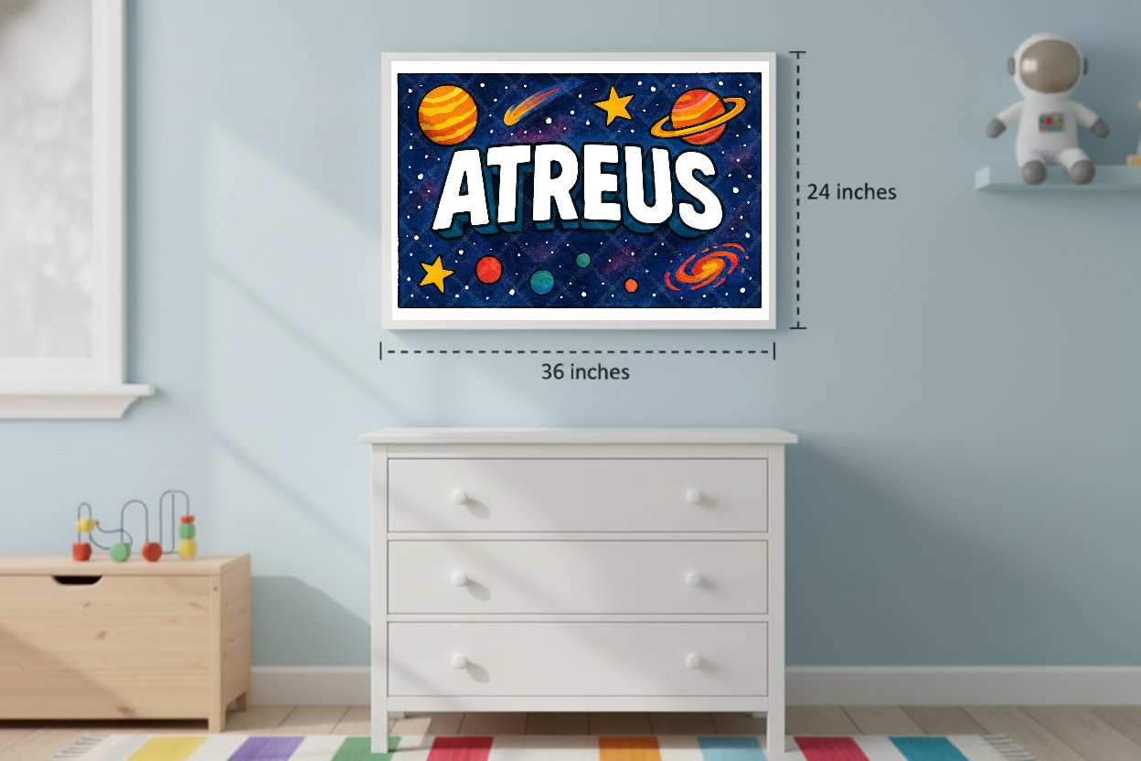 Personalized space nursery art for kids – Atreus name print