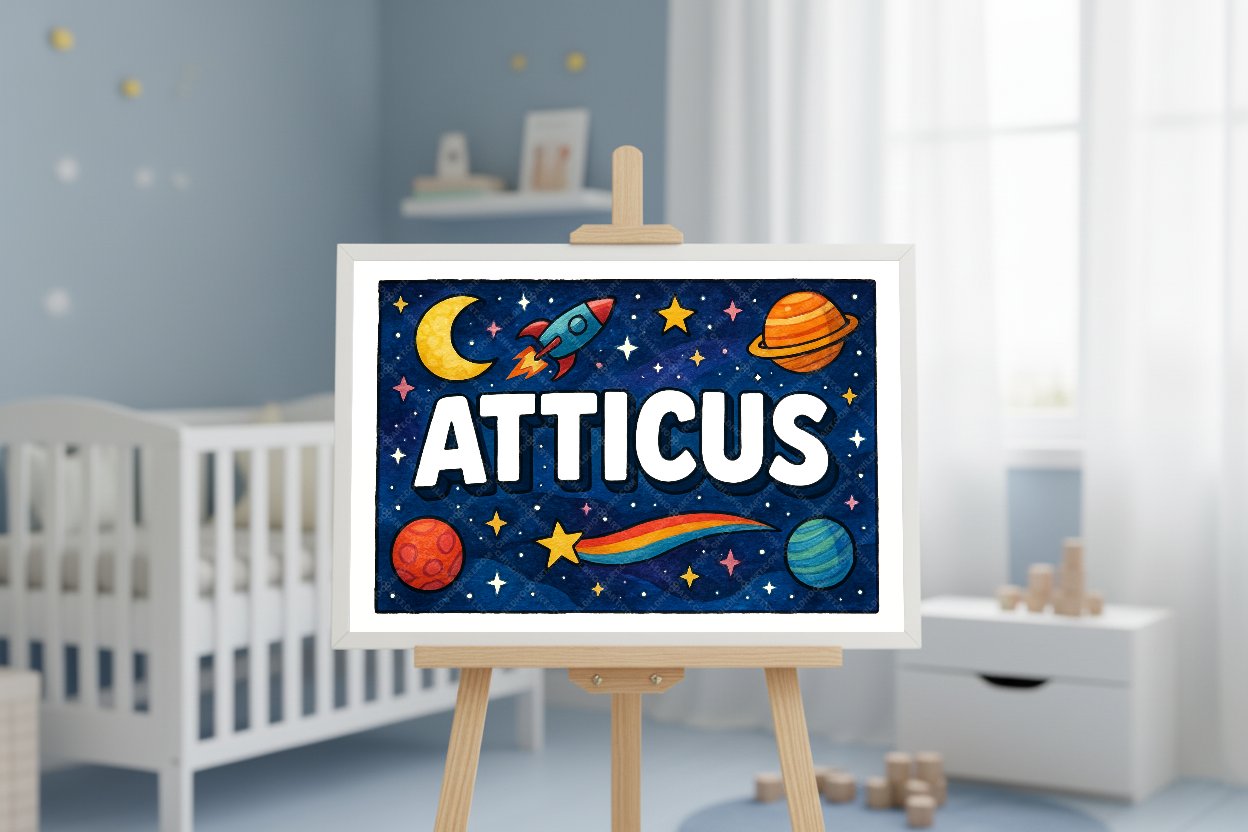 Personalized space nursery art for kids – Atticus name print