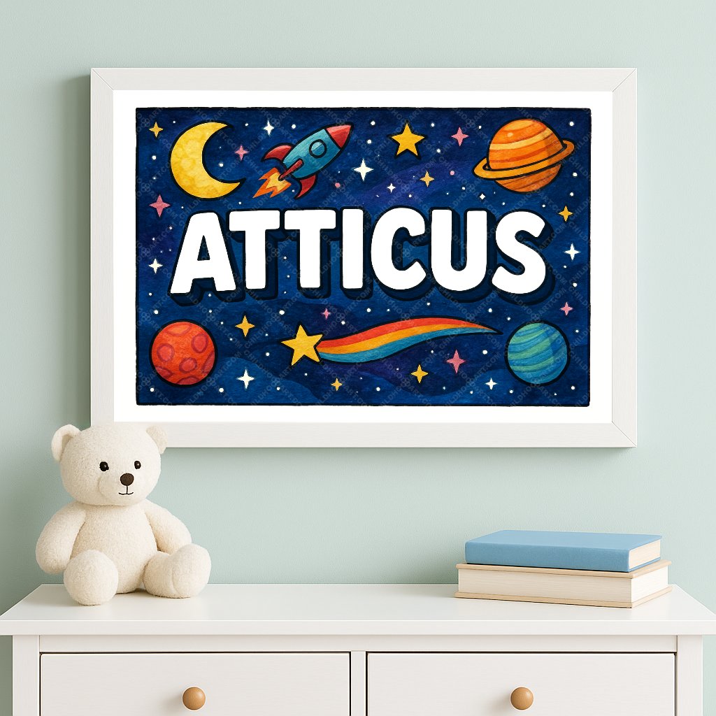 Personalized space nursery art for kids – Atticus name print