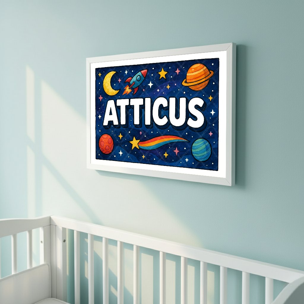 Personalized space nursery art for kids – Atticus name print