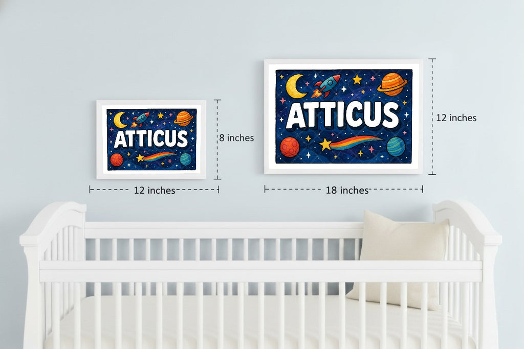 Personalized space nursery art for kids – Atticus name print