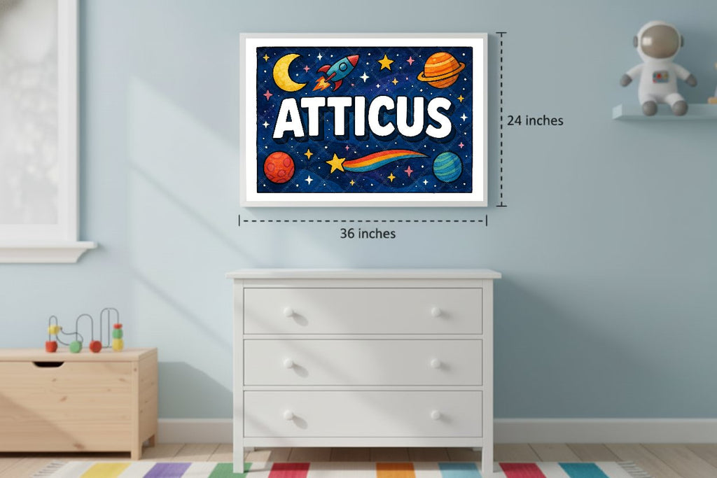 Personalized space nursery art for kids – Atticus name print