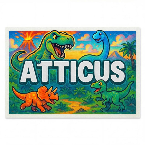 Personalized Atticus name art print in the Dinosaur adventure style