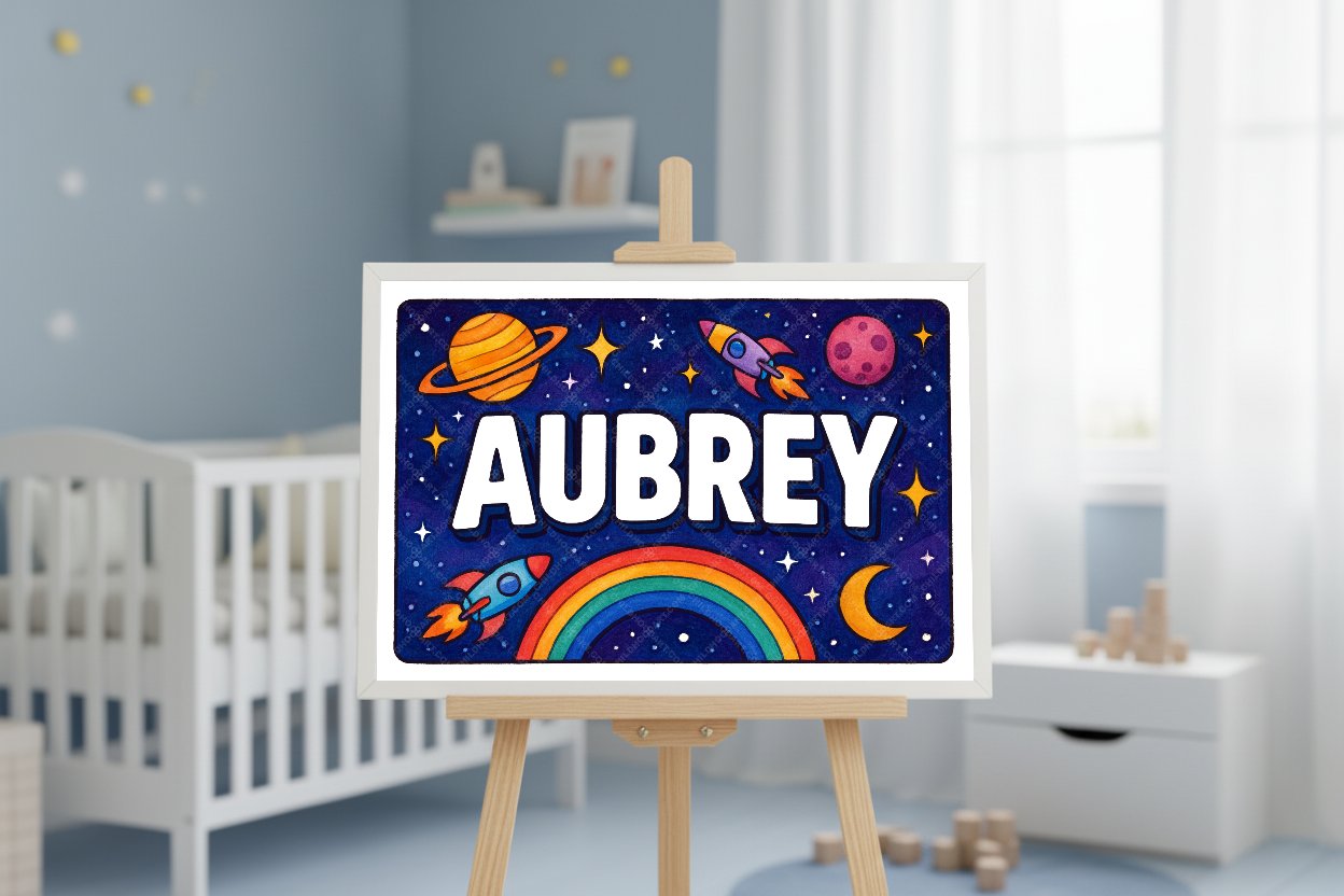 Personalized space nursery art for kids – Aubrey name print