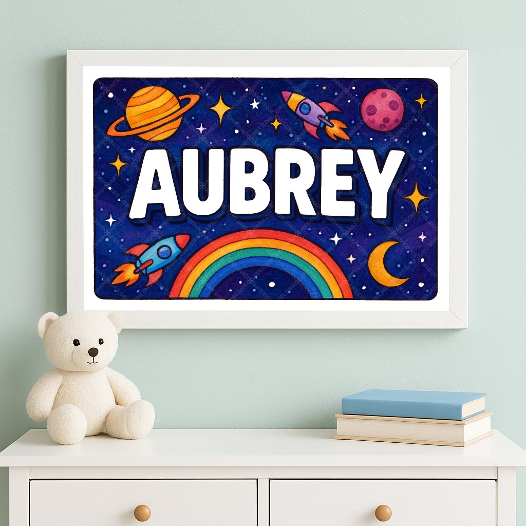 Personalized space nursery art for kids – Aubrey name print