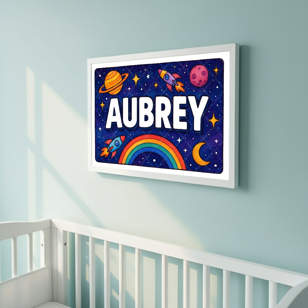 Personalized space nursery art for kids – Aubrey name print