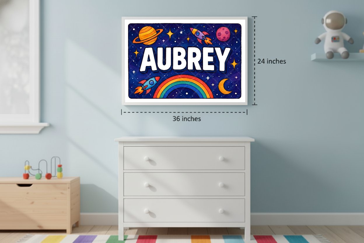 Personalized space nursery art for kids – Aubrey name print