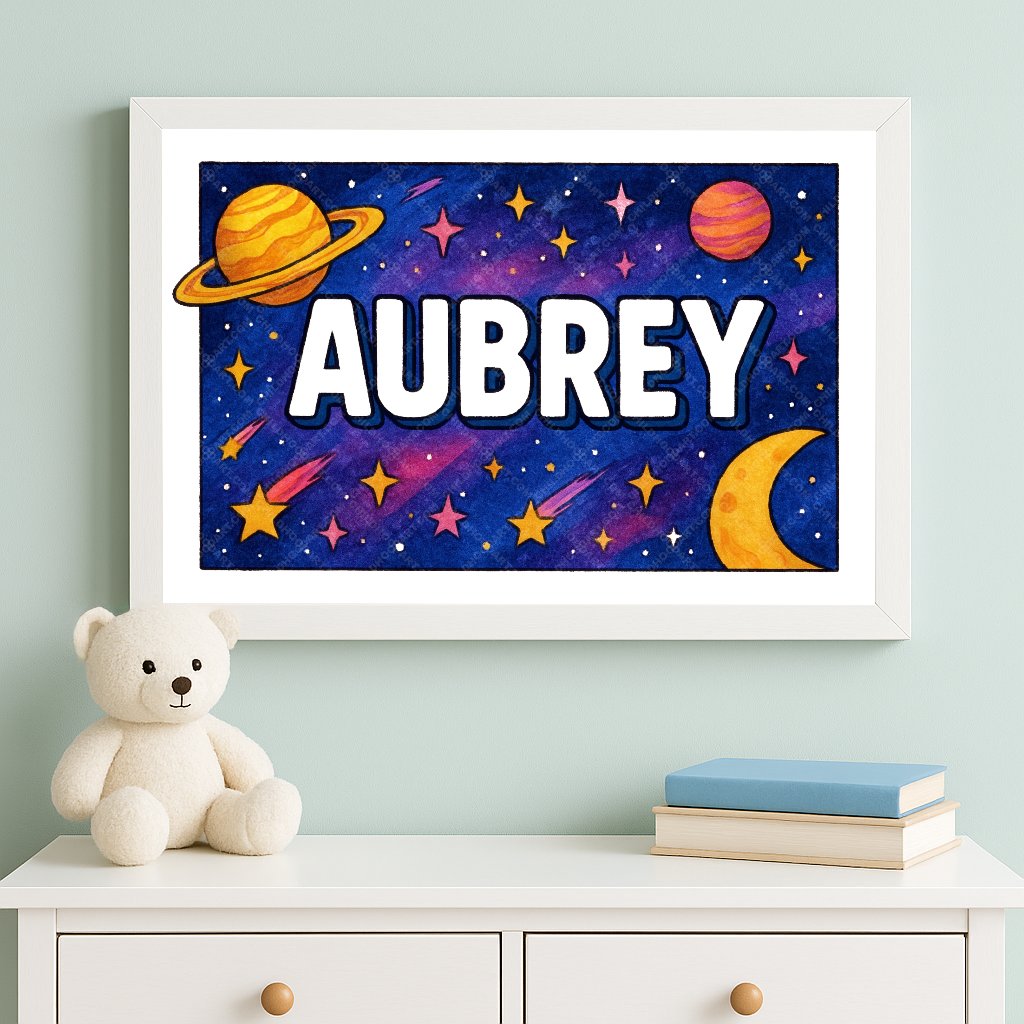 Personalized space nursery art for kids – Aubrey name print