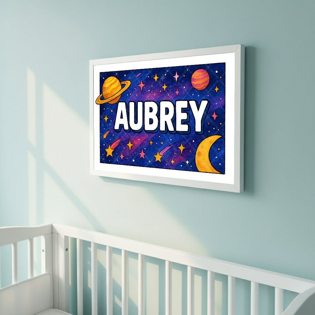 Personalized space nursery art for kids – Aubrey name print