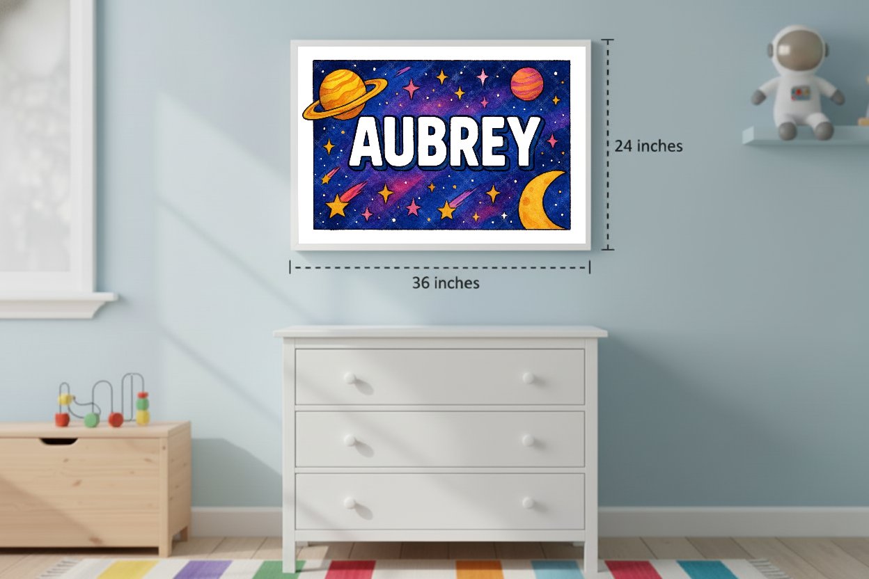 Personalized space nursery art for kids – Aubrey name print