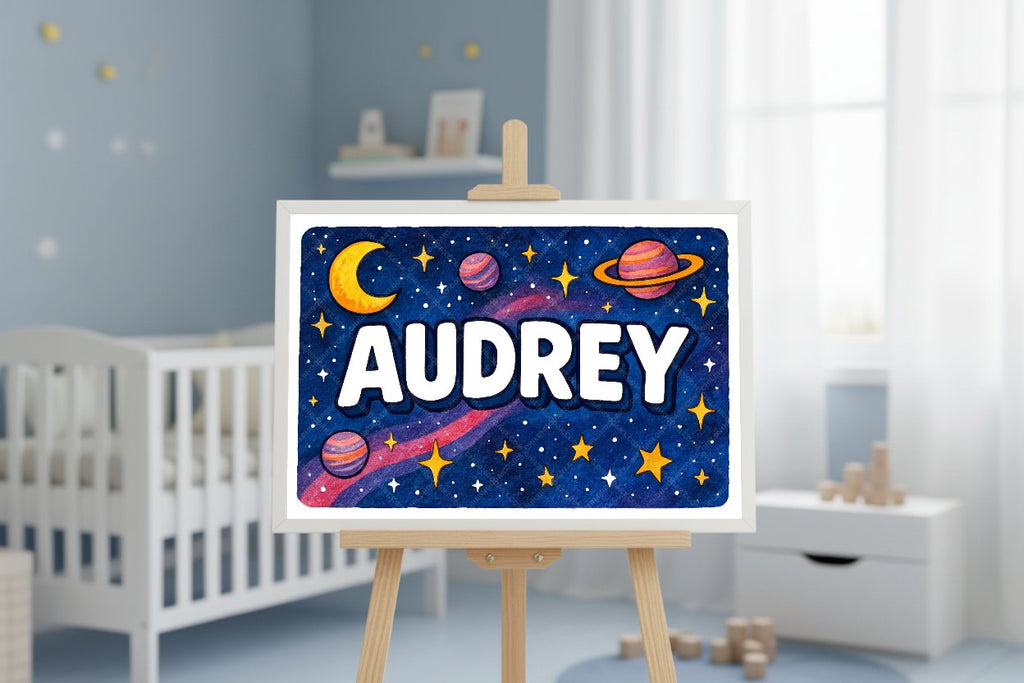 Personalized space nursery art for kids – Audrey name print