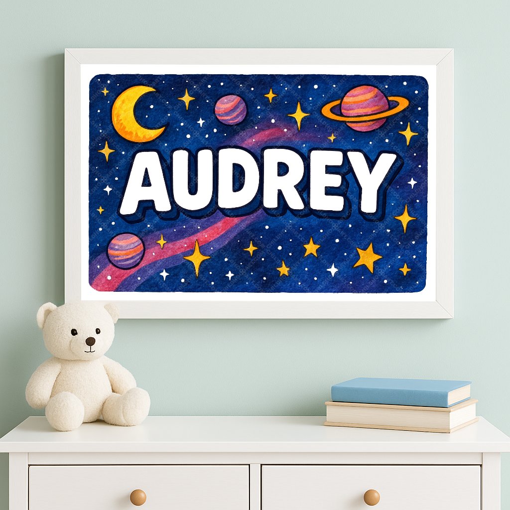 Personalized space nursery art for kids – Audrey name print