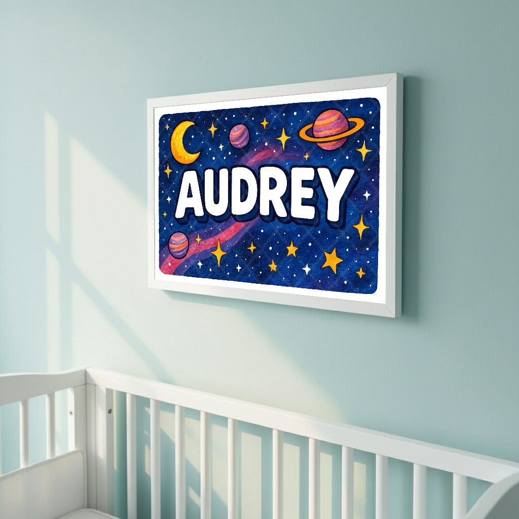 Personalized space nursery art for kids – Audrey name print