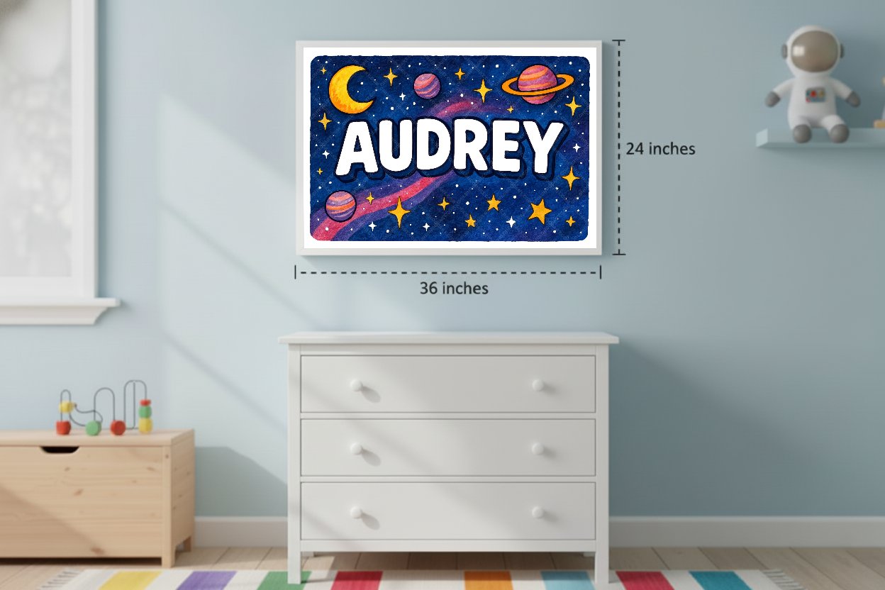 Personalized space nursery art for kids – Audrey name print