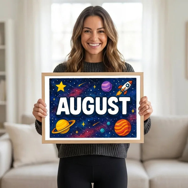 Adventurous personalized space name art for August