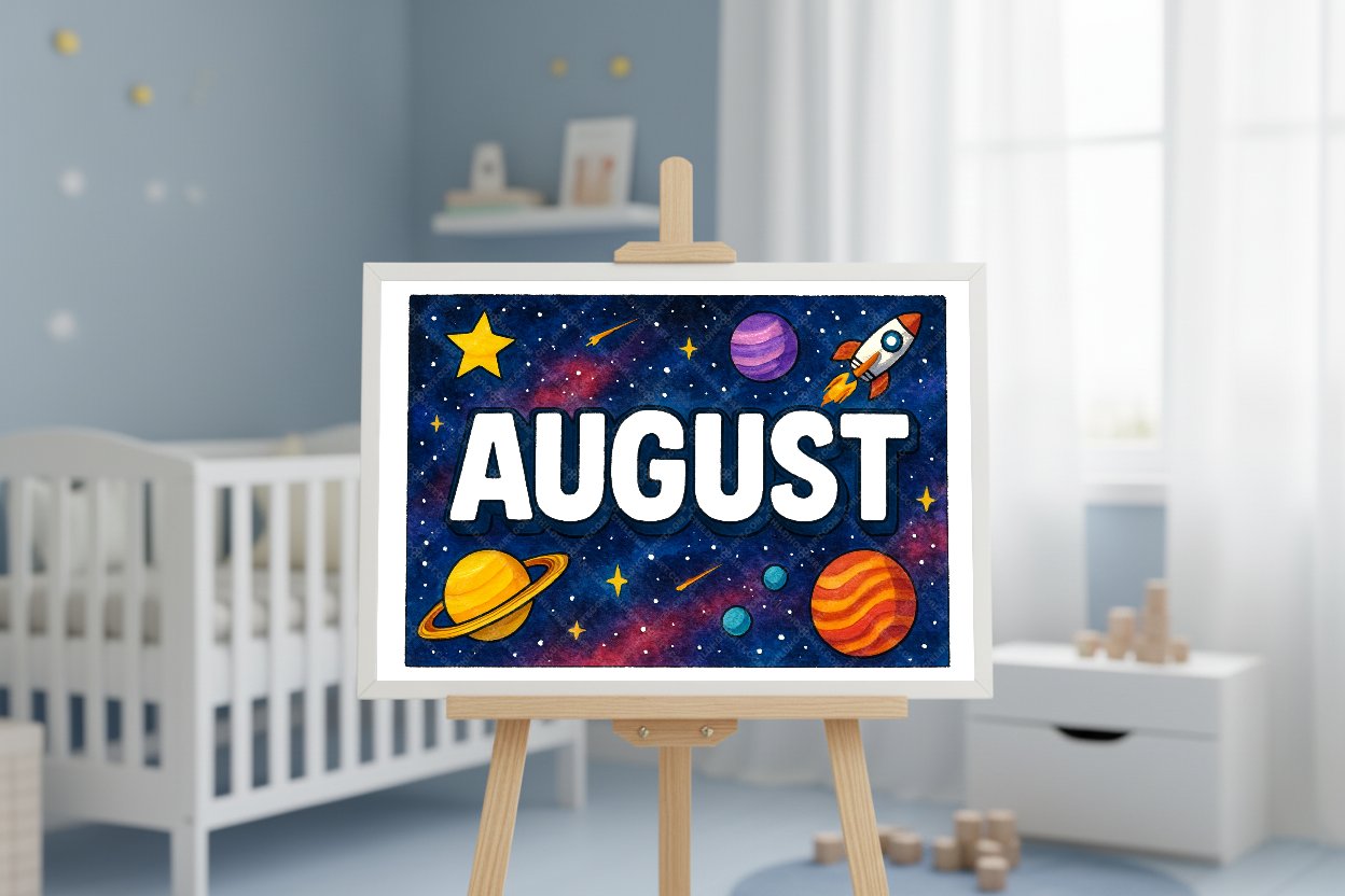 Personalized space nursery art for kids – August name print