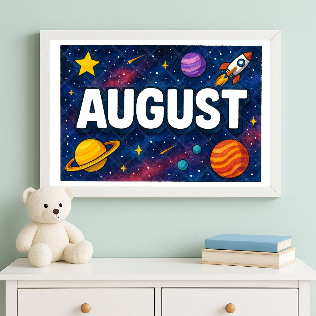 Personalized space nursery art for kids – August name print