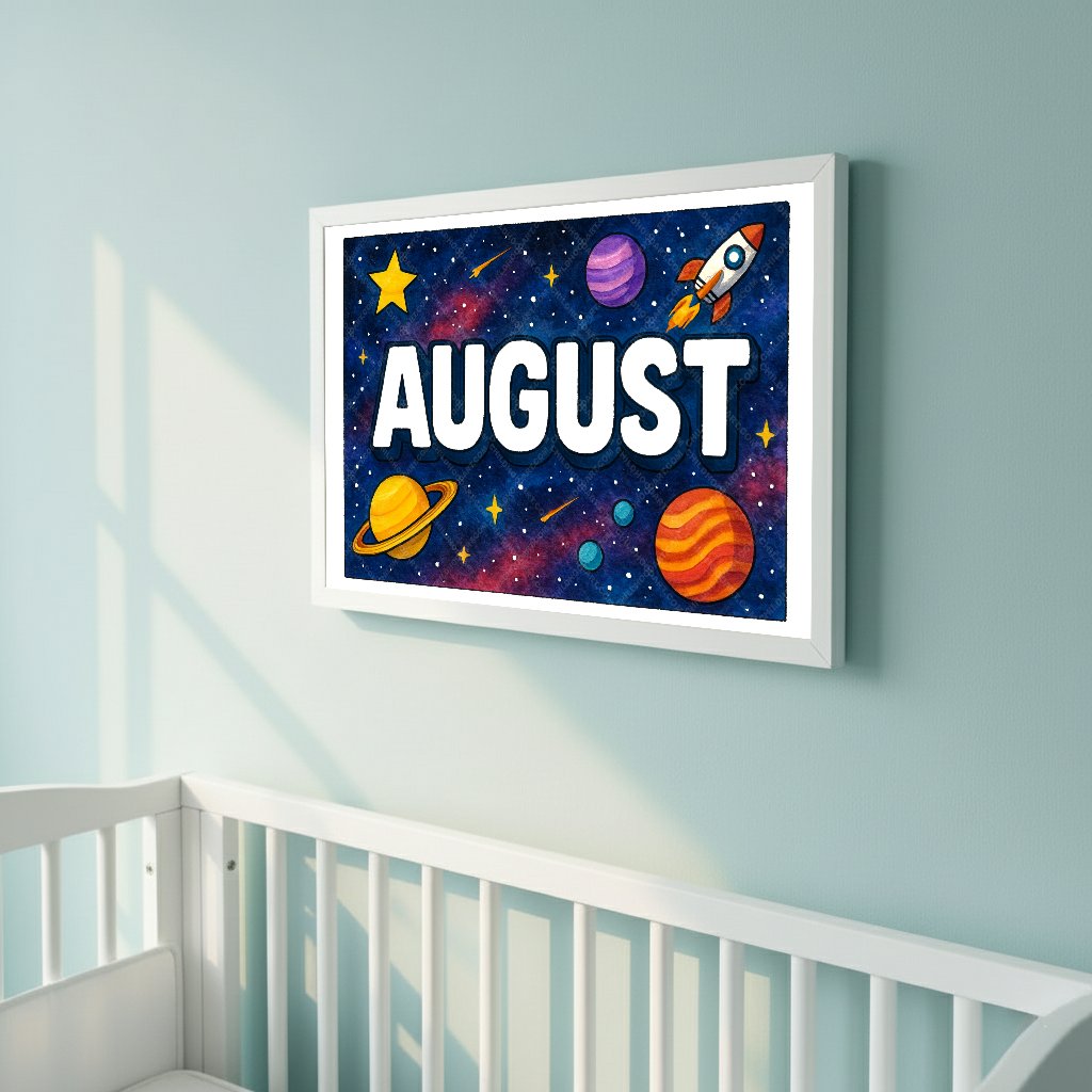 Personalized space nursery art for kids – August name print
