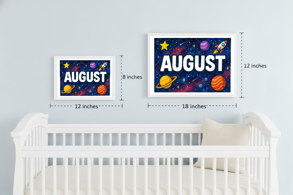 Personalized space nursery art for kids – August name print