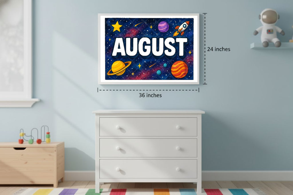 Personalized space nursery art for kids – August name print