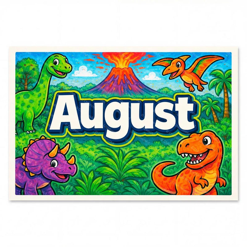 Adventurous personalized dinosaur name art for August