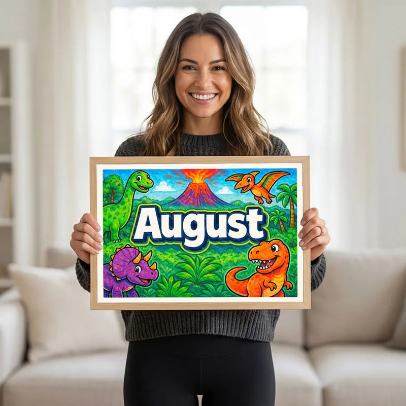 Adventurous personalized dinosaur name art for August
