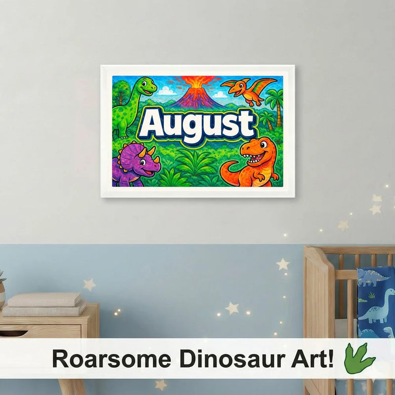 Adventurous personalized dinosaur name art for August