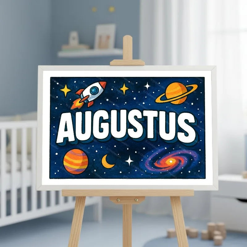 Adventurous personalized space name art for Augustus