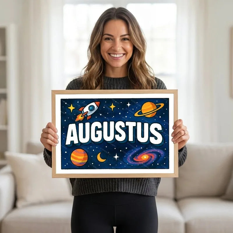 Adventurous personalized space name art for Augustus