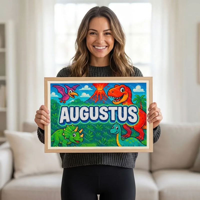 Adventurous personalized dinosaur name art for Augustus
