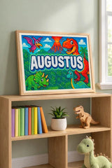 Adventurous personalized dinosaur name art for Augustus