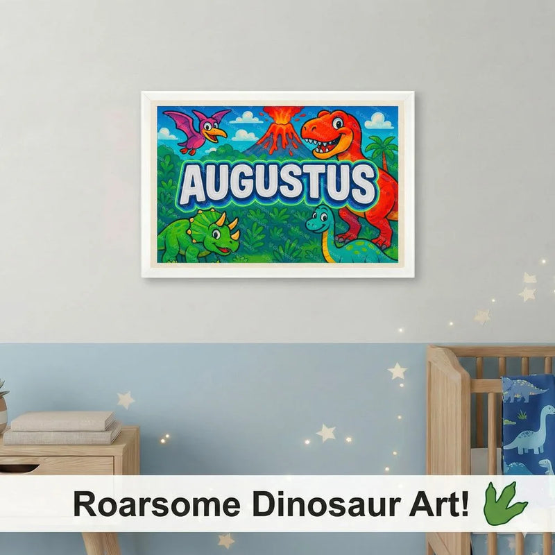 Adventurous personalized dinosaur name art for Augustus