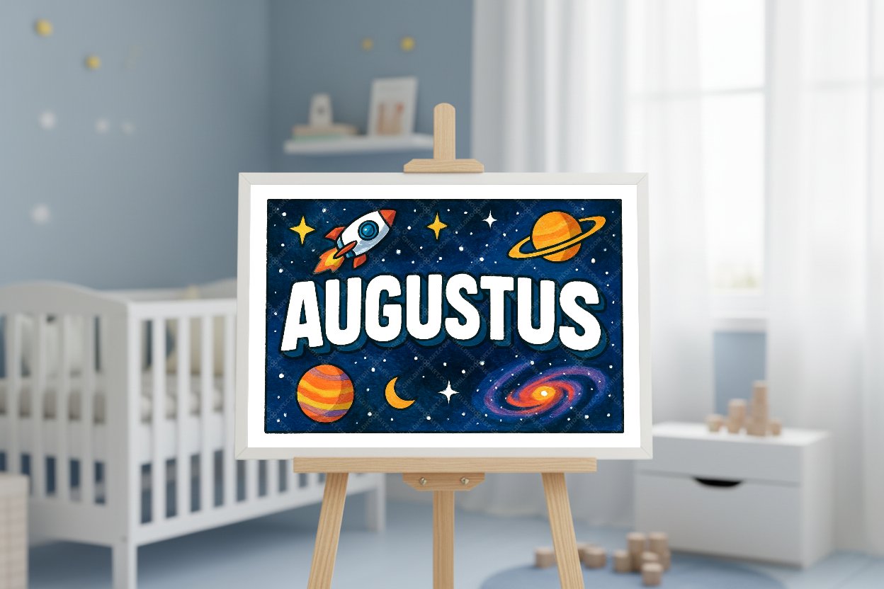 Personalized space nursery art for kids – Augustus name print