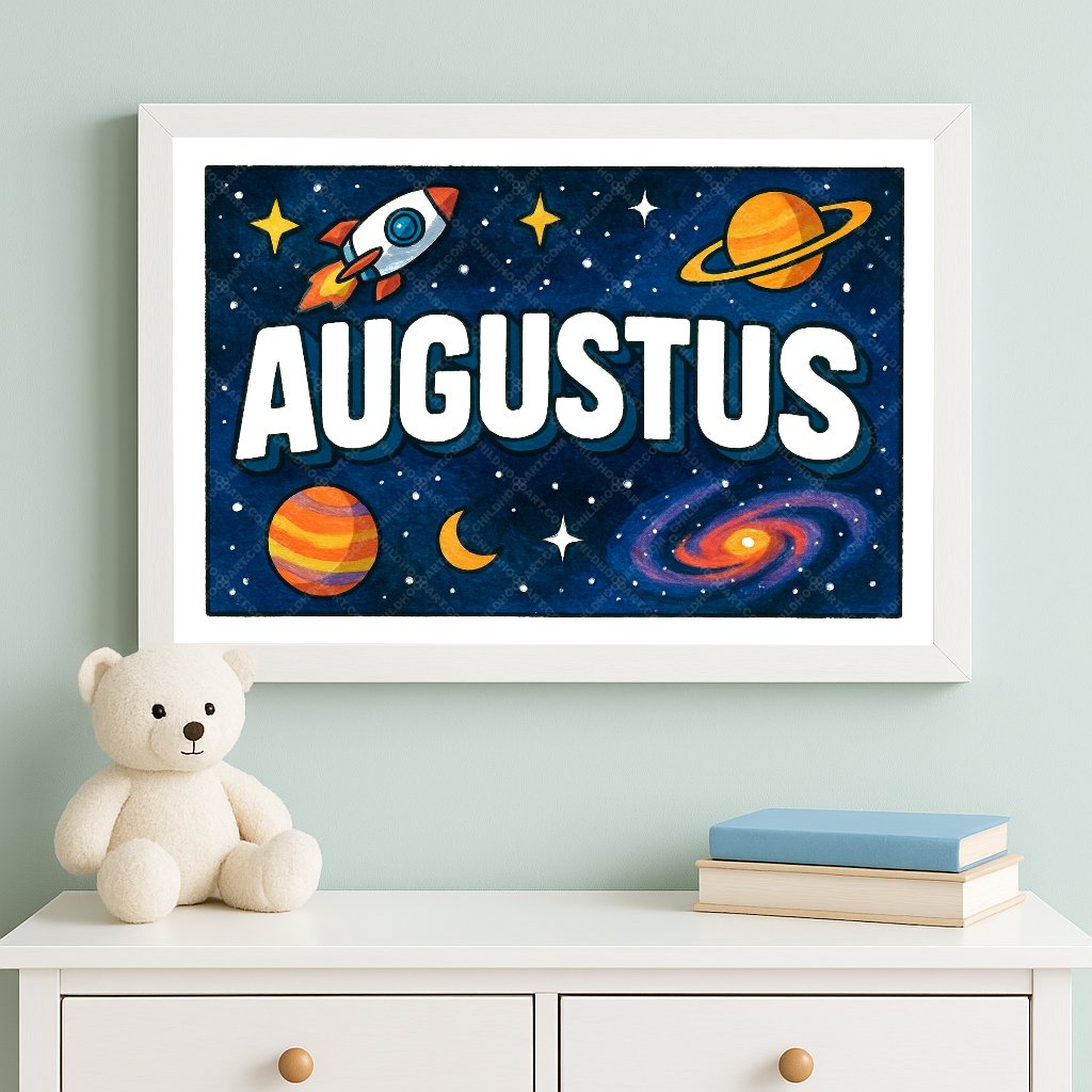 Personalized space nursery art for kids – Augustus name print