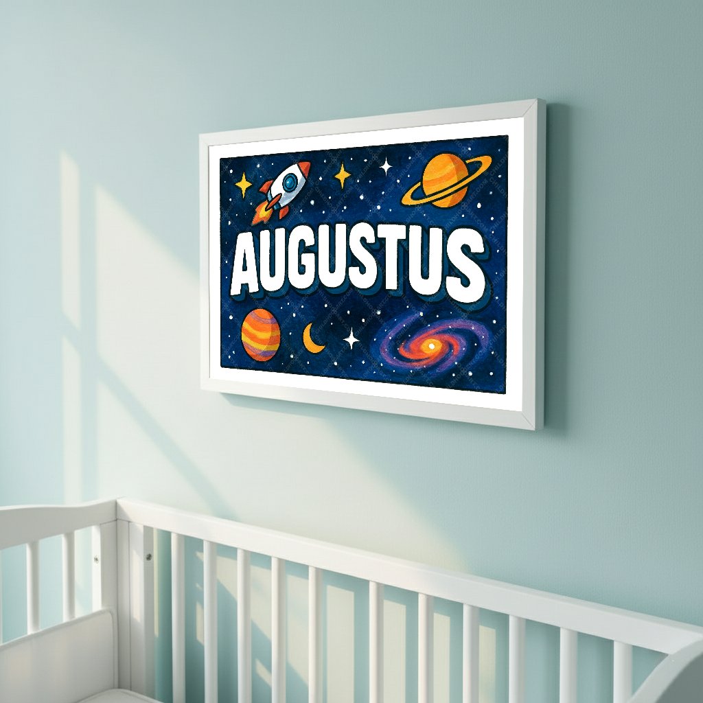 Personalized space nursery art for kids – Augustus name print