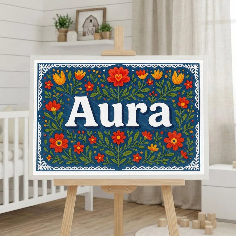 Aura Name Art - Floral Farmhouse personalized wall print for kids