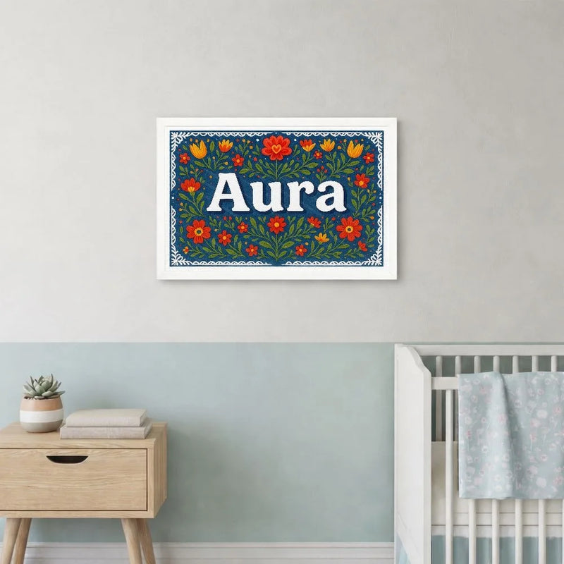 Aura Name Art - Floral Farmhouse personalized wall print for kids