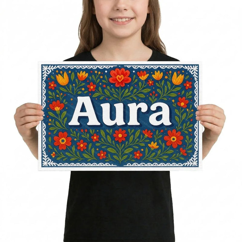 Aura Name Art - Floral Farmhouse personalized wall print for kids