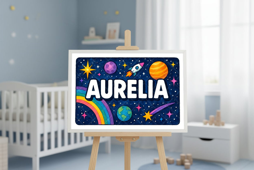 Personalized space nursery art for kids – Aurelia name print