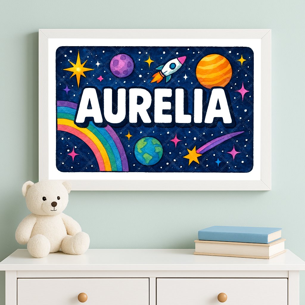Personalized space nursery art for kids – Aurelia name print